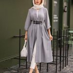 مانتو بلند کمردار آستین پاکتی
